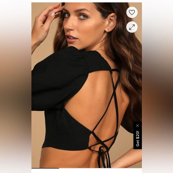 New with tags Lulu’s Subtle Flirt Black Puff Sleeve Lace-Up Crop Top sz Small. - Picture 3 of 10